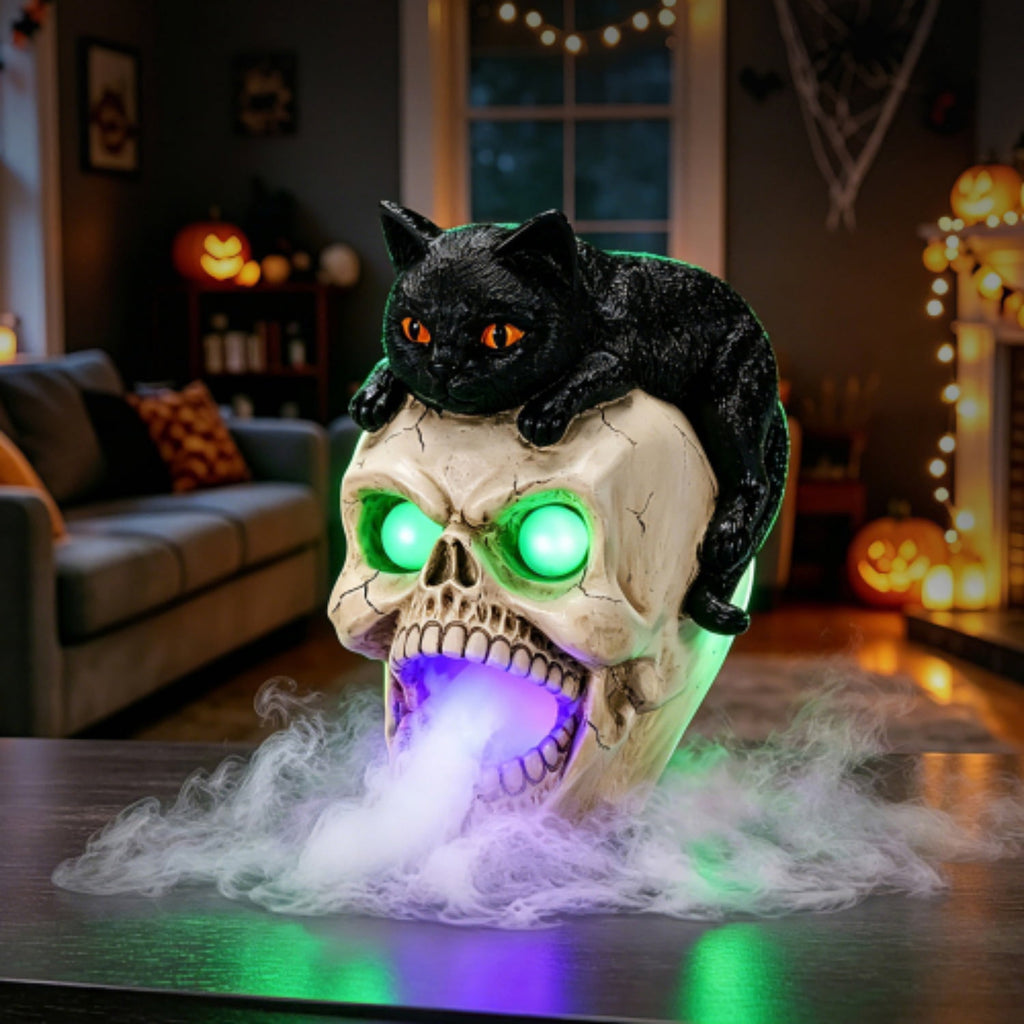 SpookHaven Halloween Jack‑O‑Lantern Pumpkin Mist Sprayer Figurine, LED Light‑Up Fogger with Witch Hat & Skull Decoration, Spooky Ornament for Tabletop Entryway Halloween Party Home Decor