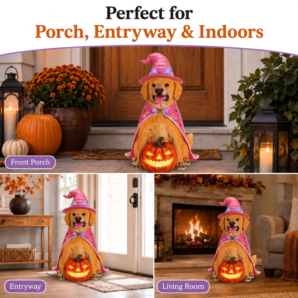 A7Store Halloween Golden Retrieve Dog Indoor Outdoor Porch Statue with Lighted Pumpkin, Pink Witch Hat and Cape