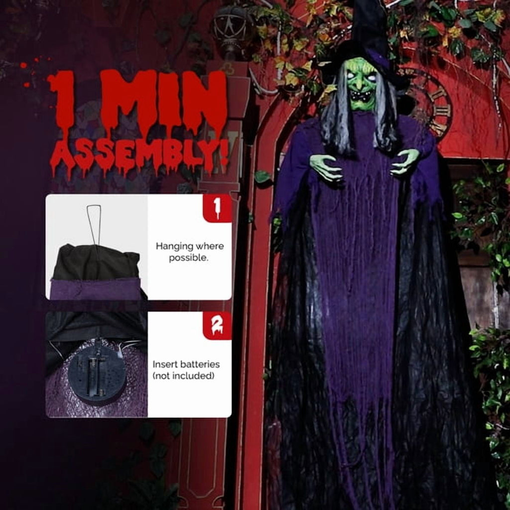 12ft Life-Size Halloween Hanging Witch Decoration, Talking, Light-Up Eyes, Touch-Sensor Activated, Durable Fabric for Indoor/Outdoor Use