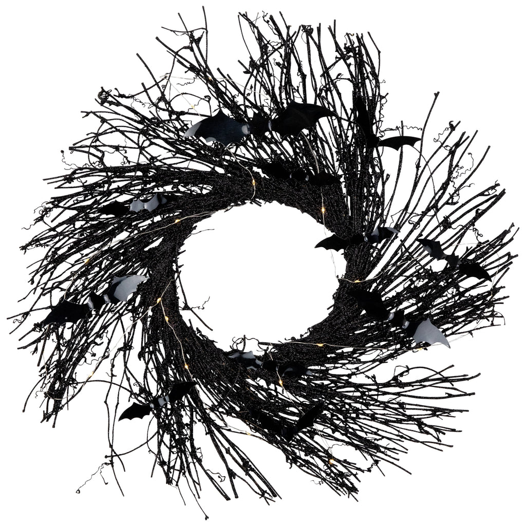 Northlight Lighted Halloween Twig Wreath with Bats - Warm White LED Lights - 22" - Black
