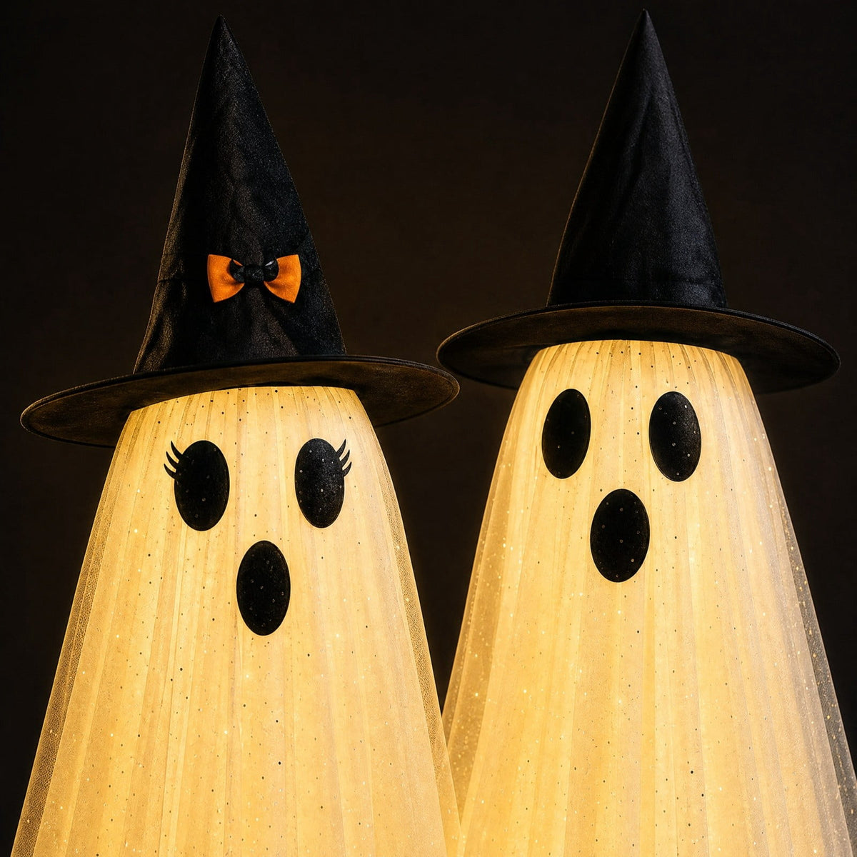 2 Pack Light Up Standing Tulle Ghost Halloween Decorations with Witch Hat, Warm LED Fairy Light Ghost Yard Stakes, Spooky Cute Ghost Outdoor Lawn Porch Mantel Home Halloween Party Decor