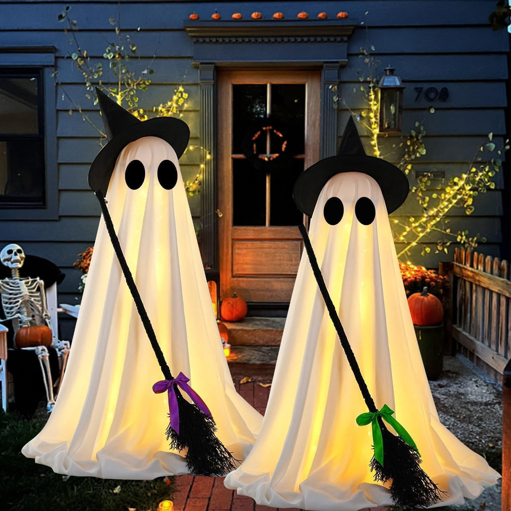 LED Light Up Ghost Decoration with Witch Broom and Timer for Halloween