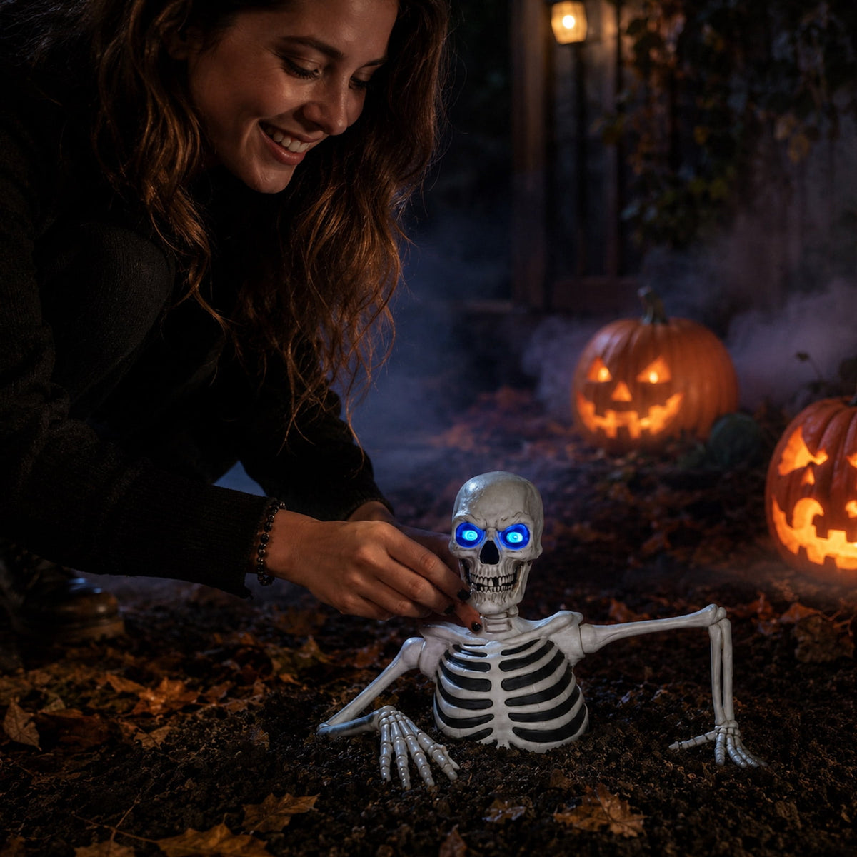 Halloween Groundbreaker Skeleton Statue, 11.8in Light Up Blue LED Eyes Skeleton Ground Breaker Outdoor Yard Lawn Porch Decor Gift