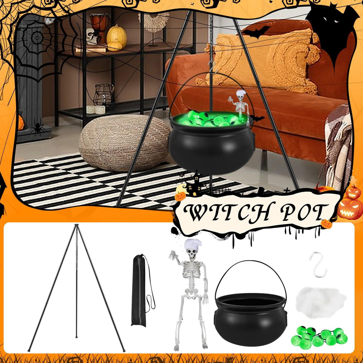 Halloween Decorations Outdoor Witch Cauldron Tripod with String Light Skeleton Eyeball Lights for Yard Lawn Garden Halloween Party Decor