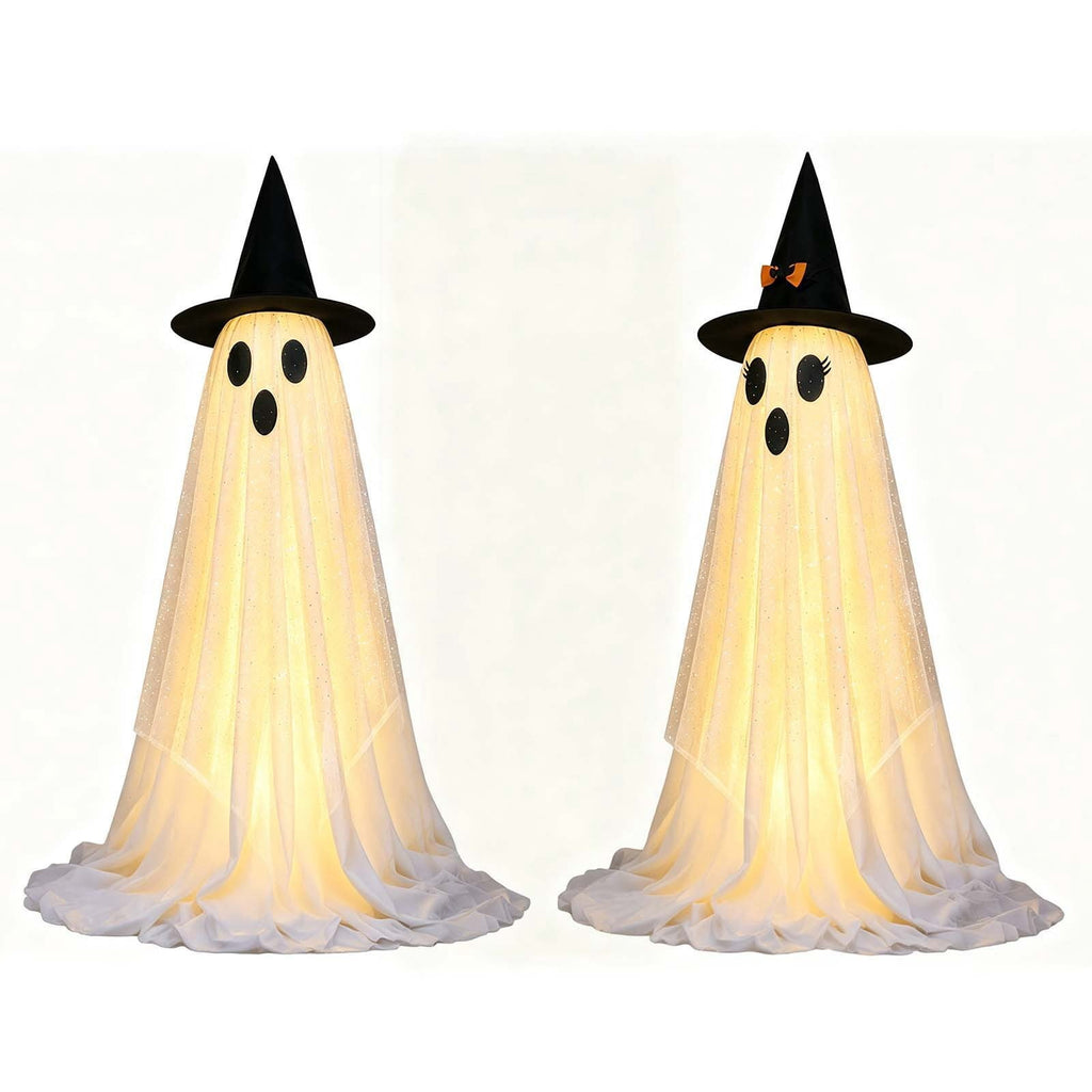 2 Pack Light Up Standing Tulle Ghost Halloween Decorations with Witch Hat, Warm LED Fairy Light Ghost Yard Stakes, Spooky Cute Ghost Outdoor Lawn Porch Mantel Home Halloween Party Decor