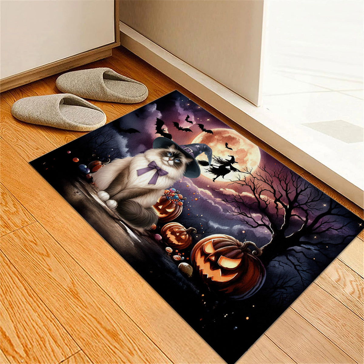 Spooky Halloween Night Witch Maine Coon Glowing Pumpkins Indoor Rug Cat Lover Kitten Owner Gifts Carpet Living Bed Room Sofa Home Decor - 12015
