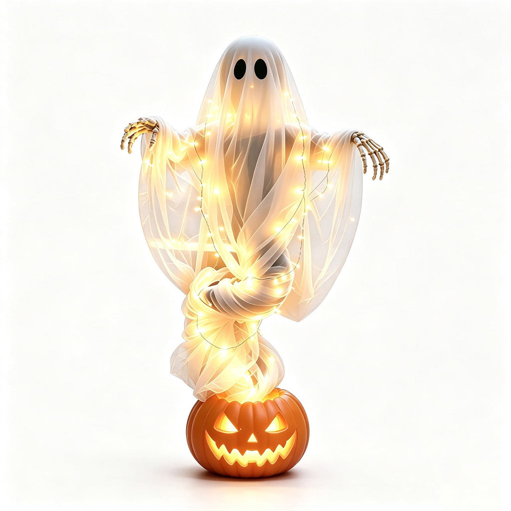 syligr Halloween Decorations Outdoor for Yard Porch, 51 Inch Light Up Floating Ghost Pumpkin with Skeleton Hands, Glowing Gauzy Ghost Decor for Garden Entryway Party, Battery Operated