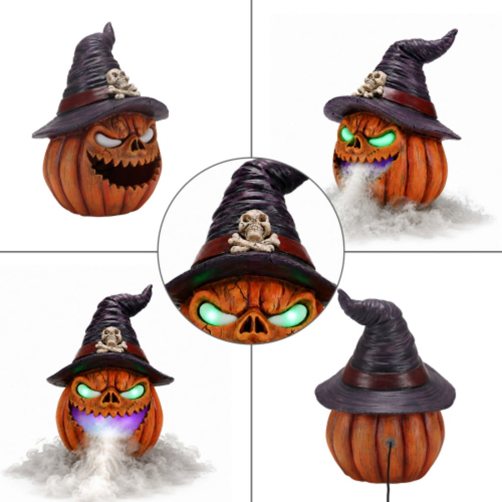 SpookHaven Halloween Jack‑O‑Lantern Pumpkin Mist Sprayer Figurine, LED Light‑Up Fogger with Witch Hat & Skull Decoration, Spooky Ornament for Tabletop Entryway Halloween Party Home Decor