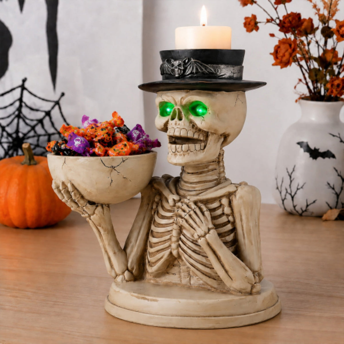 SpookHaven Halloween Jack‑O‑Lantern Pumpkin Mist Sprayer Figurine, LED Light‑Up Fogger with Witch Hat & Skull Decoration, Spooky Ornament for Tabletop Entryway Halloween Party Home Decor