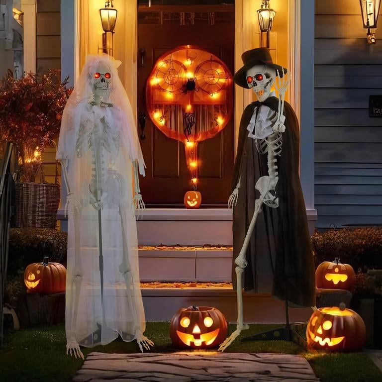 Floseru 65 Inch Halloween Skeleton Couple Set, Bride in Veil and Groom in Robe, Glowing Eyes, Poseable Joints, for Indoor Outdoor Decor