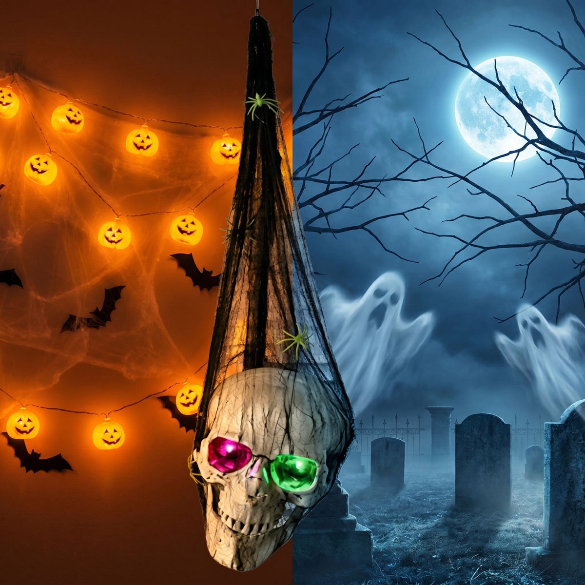 Spooky Hanging Skull Decoration 25.6 Inch Glowing Led Eyes Skeleton Ornament for Halloween Yard, Porch, Door, Tree, Window, Gothic Party Decor