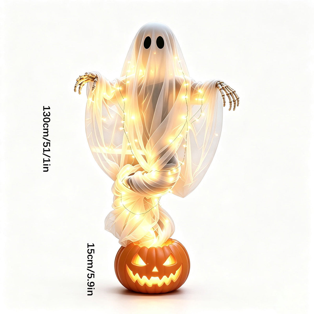 51 Inch Halloween Floating Ghost Pumpkin Light, Light-Up Gauzy Ghost with Skeleton Hands for Outdoor Yard, Porch, Patio, Spooky Party Displays, Events, and Gifts