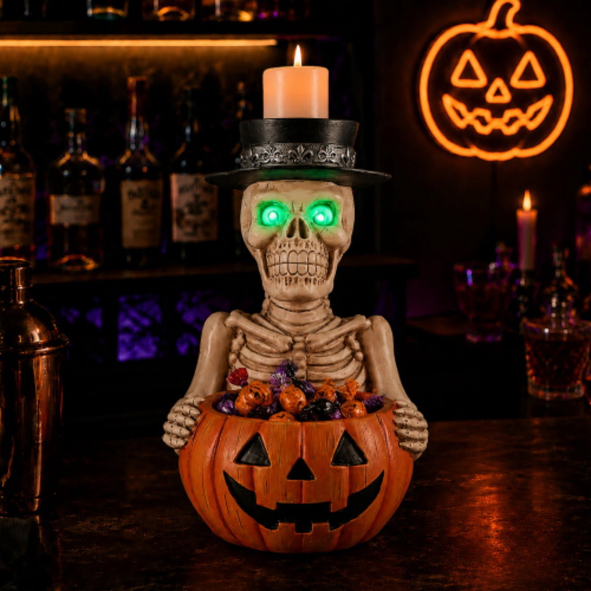 SpookHaven Halloween Jack‑O‑Lantern Pumpkin Mist Sprayer Figurine, LED Light‑Up Fogger with Witch Hat & Skull Decoration, Spooky Ornament for Tabletop Entryway Halloween Party Home Decor