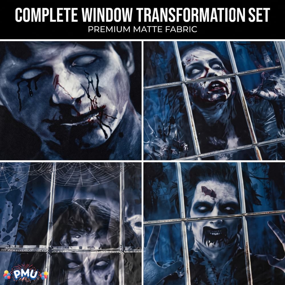 PMU 7-Piece Halloween Garage Door Cover Set, 16 x 7 ft, Skeleton Window & Door Decorations