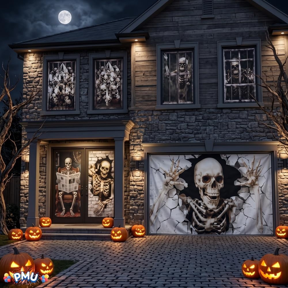 PMU 7-Piece Halloween Garage Door Cover Set, 16 x 7 ft, Skeleton Window & Door Decorations