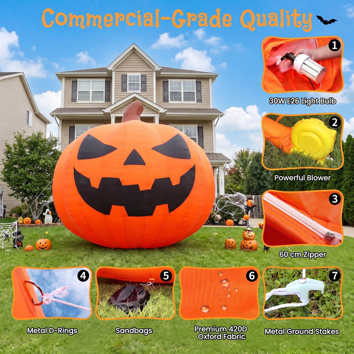 BPMIO 20FT Halloween Giant Inflatable Pumpkin Outdoor Yard Decoration with 550W Blower, 420D Oxford UL-Certified LED Light for Garden Commercial Party