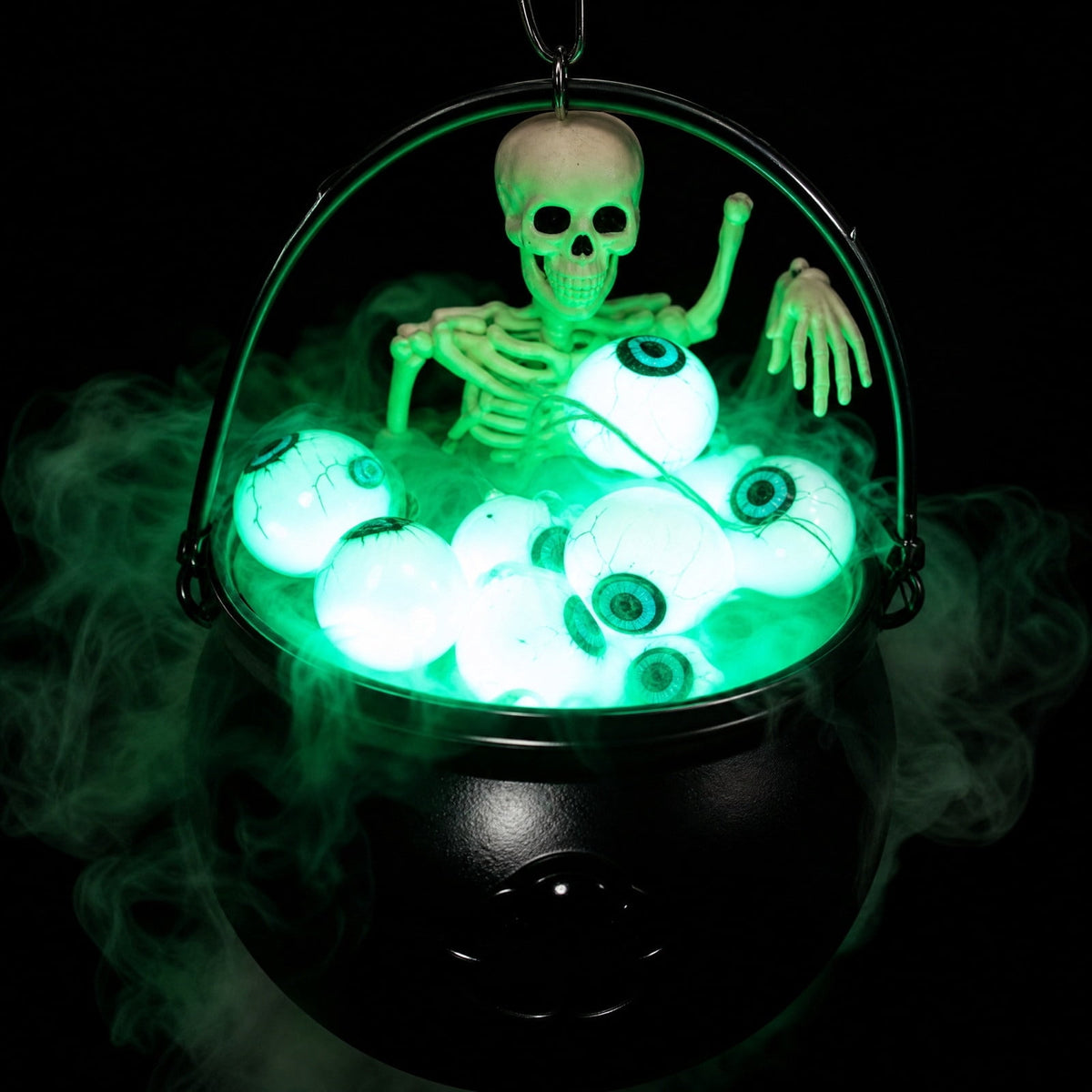 Spooky Halloween Cauldron Decoration 12 Inch with Tripod Stand, Skeleton Glowing Eyeballs, Green Led Light, Witch Pot Prop for Outdoor Yard, Porch, Party, Garden, Patio, Front Door, Indoor Home Decor