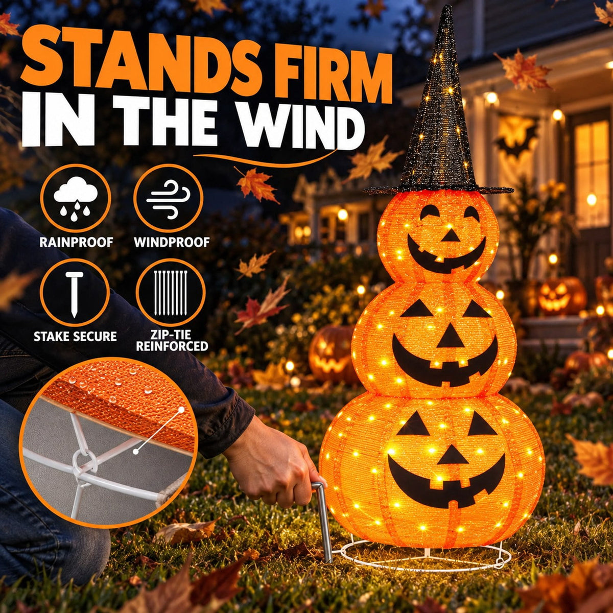5ft Lighted Halloween Pumpkin Stack with 100 LEDs