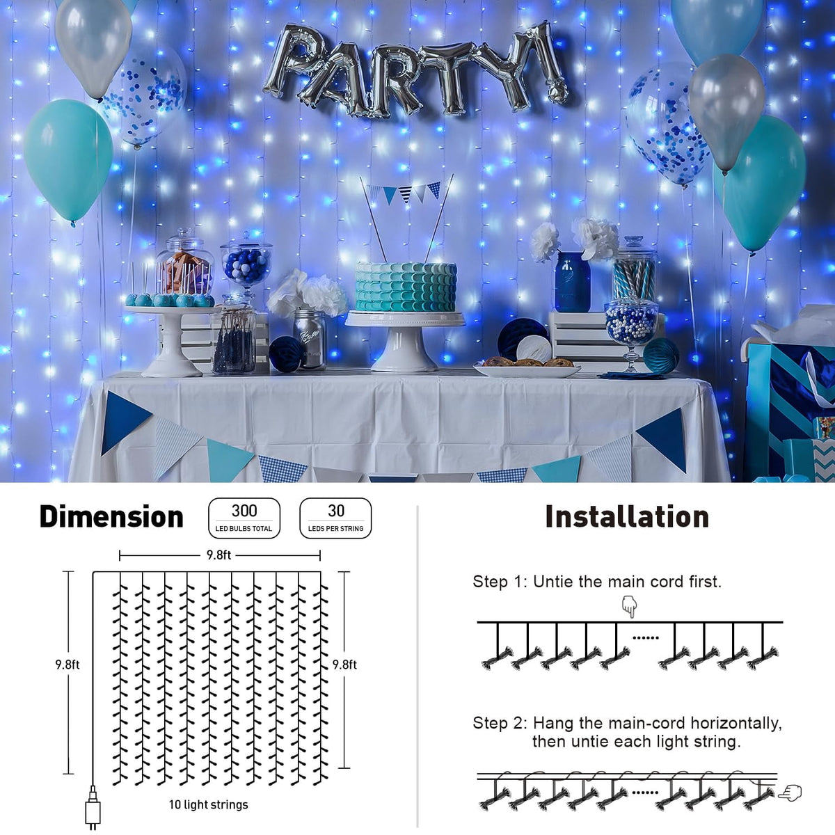 9.5x29.5ft Curtain Lights 900 LED White Indoor Outdoor Decor