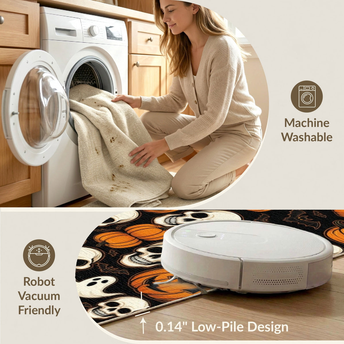 ODIKA Halloween October Phantom Gourd Flying Creature Fiber Doormat Stain Resistant Low Profile for Dorm Room, Small Living Apartment