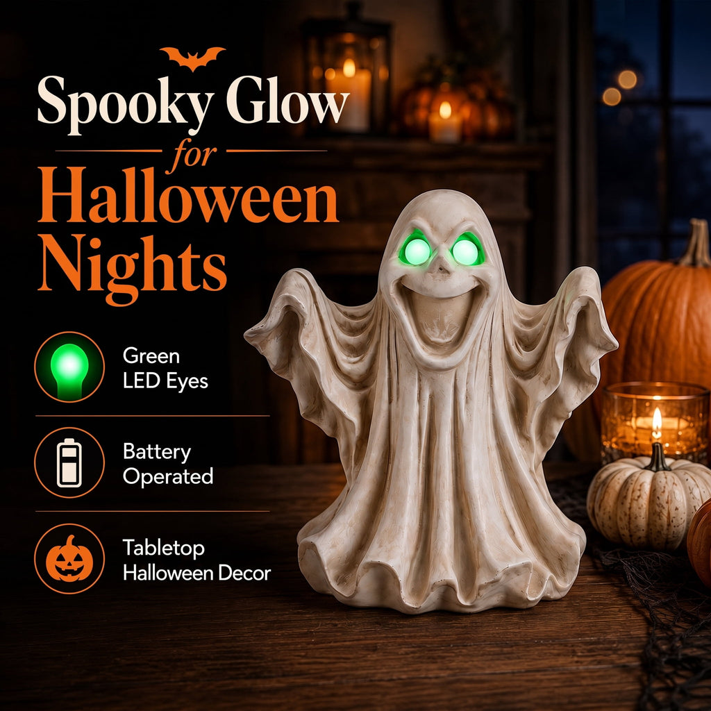 Large 13-Inch Lighted Halloween Ghost Decoration, Resin Figurine with Green LED Eyes, Battery Operated Tabletop Statue for Mantel and Party