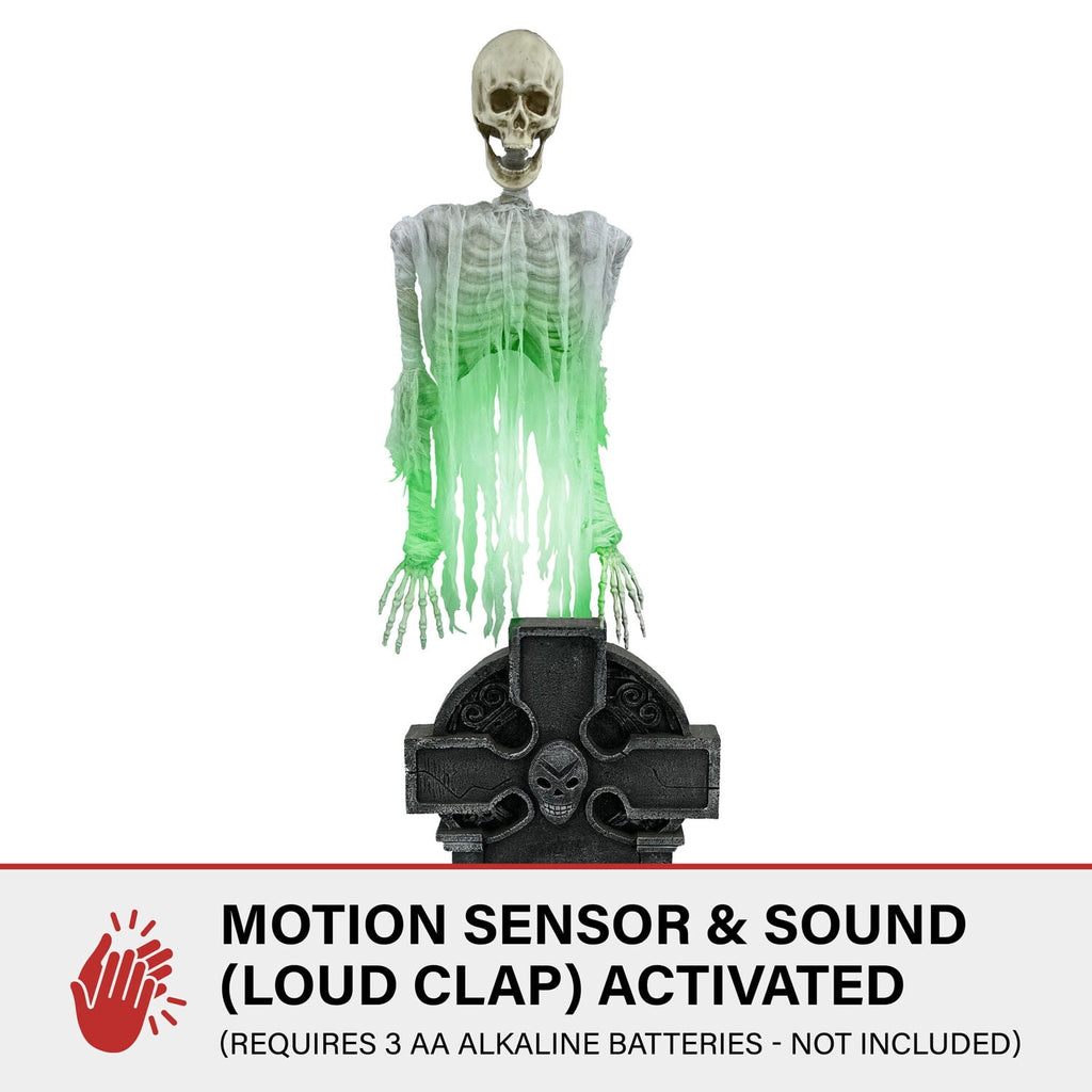 Haunted Hill Farm 5.8-Ft. Motion-Activated Floating Skeleton Ghost Over Tombstone by Tekky, Premium Halloween Animatronic, Battery Operated