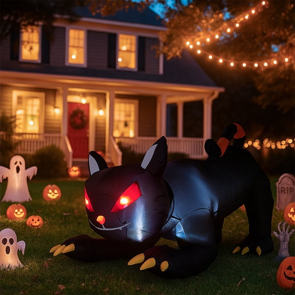 6.5FT Halloween Inflatable Animated Black Cat, Weather-Resistant Polyester, Quick Inflation with Stakes/Ropes for Yard/Patio
