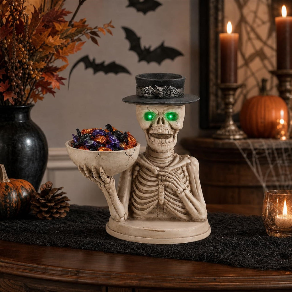Halloween Ghost Statue with LED Glowing Eyes, Resin Ghost Figurine Tabletop Decor for Indoor Home, Mantel, Shelf, Entryway and Halloween Party Display