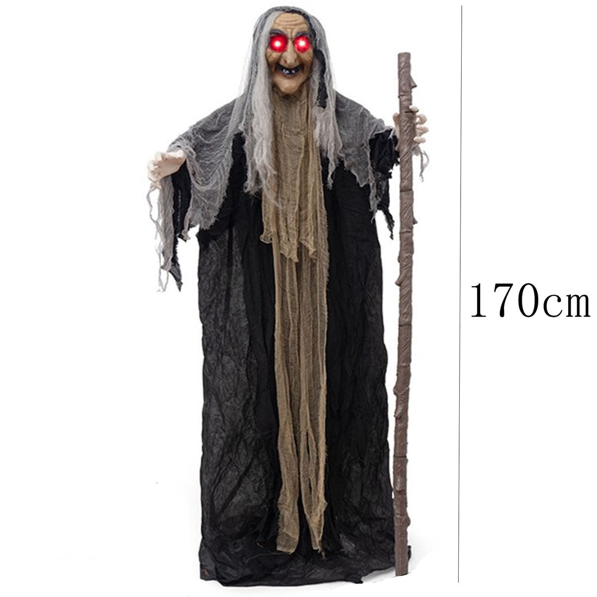 Voglyf Life-Size Scary Poseable Talking Witch 5.6FT, Red LED Glowing Eyes Scary Hag Prop with Wooden Staff, Tattered Gray Cloth Robe Witch for Front Yard Porch Haunted Spooky Party Decor