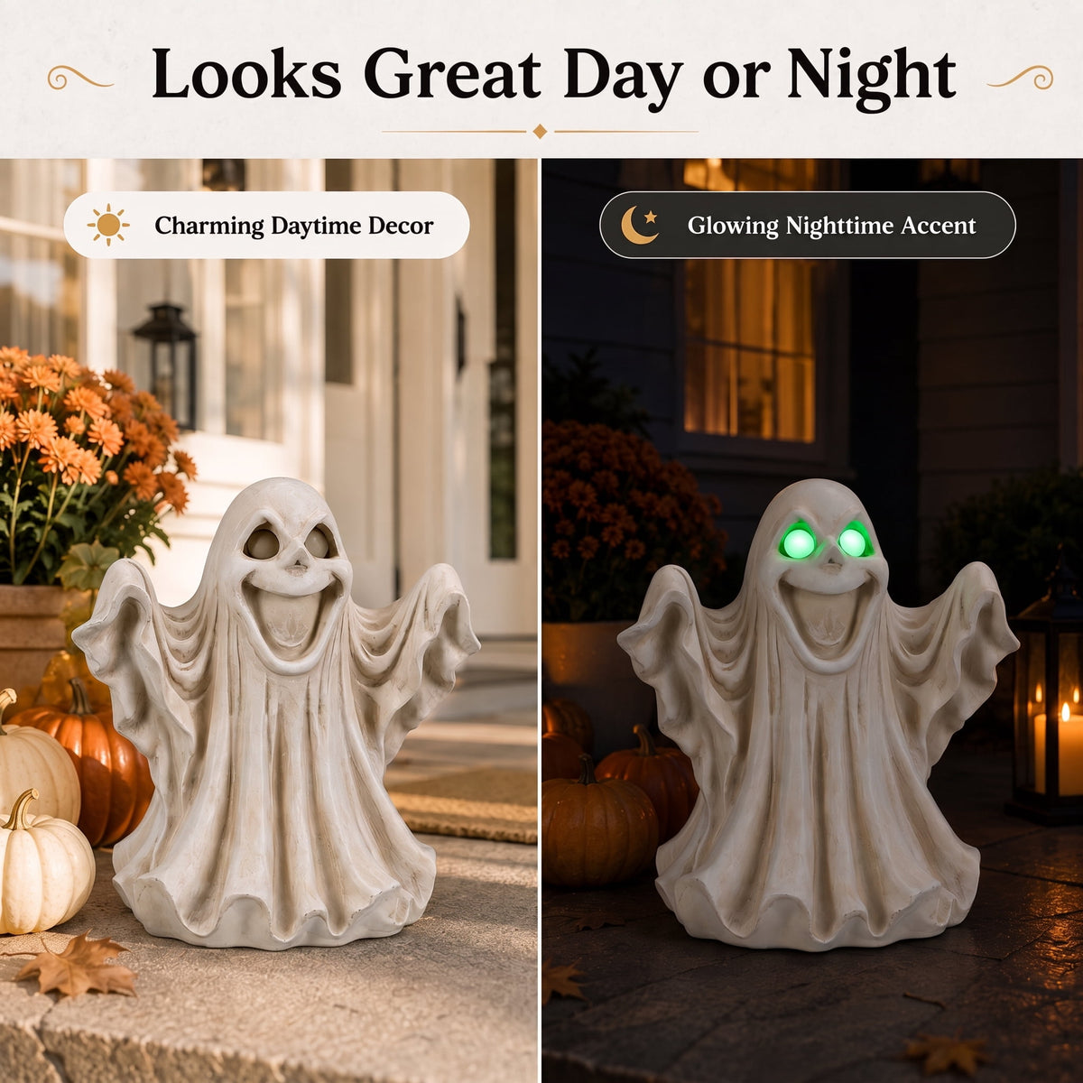 Large 13-Inch Lighted Halloween Ghost Decoration, Resin Figurine with Green LED Eyes, Battery Operated Tabletop Statue for Mantel and Party