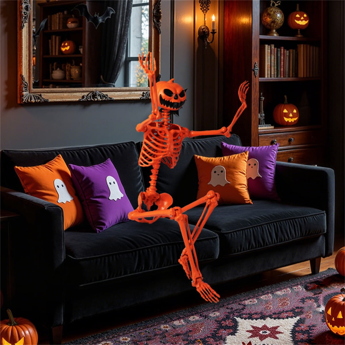 5.5ft Life-Size Halloween Skeleton with Pumpkin Head, Orange, PP+PE Material