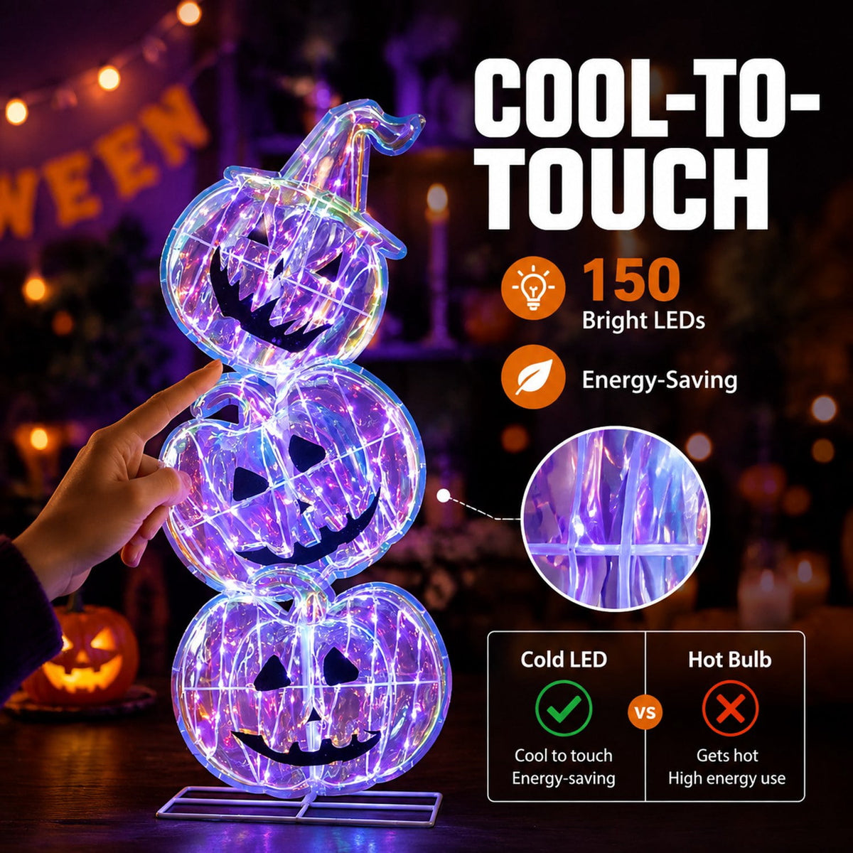 Lighted Halloween Pumpkin Stack with 150 LEDs, 3.4 ft