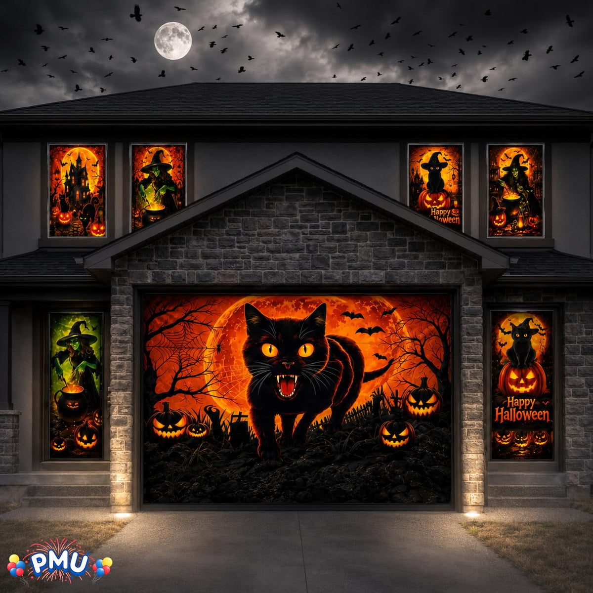 PMU 7-Piece Halloween Garage Door Cover Set, 16 x 7 ft, Skeleton Window & Door Decorations