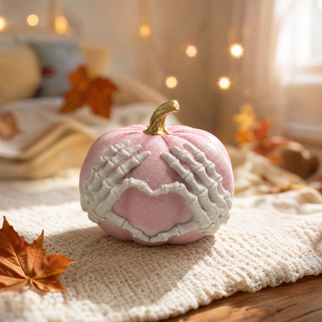 Gradient Skeleton Hand Heart Pumpkin, Resin Pink Purple Artistic Color Unique Halloween Art Display for Living Room Desktop_Pink