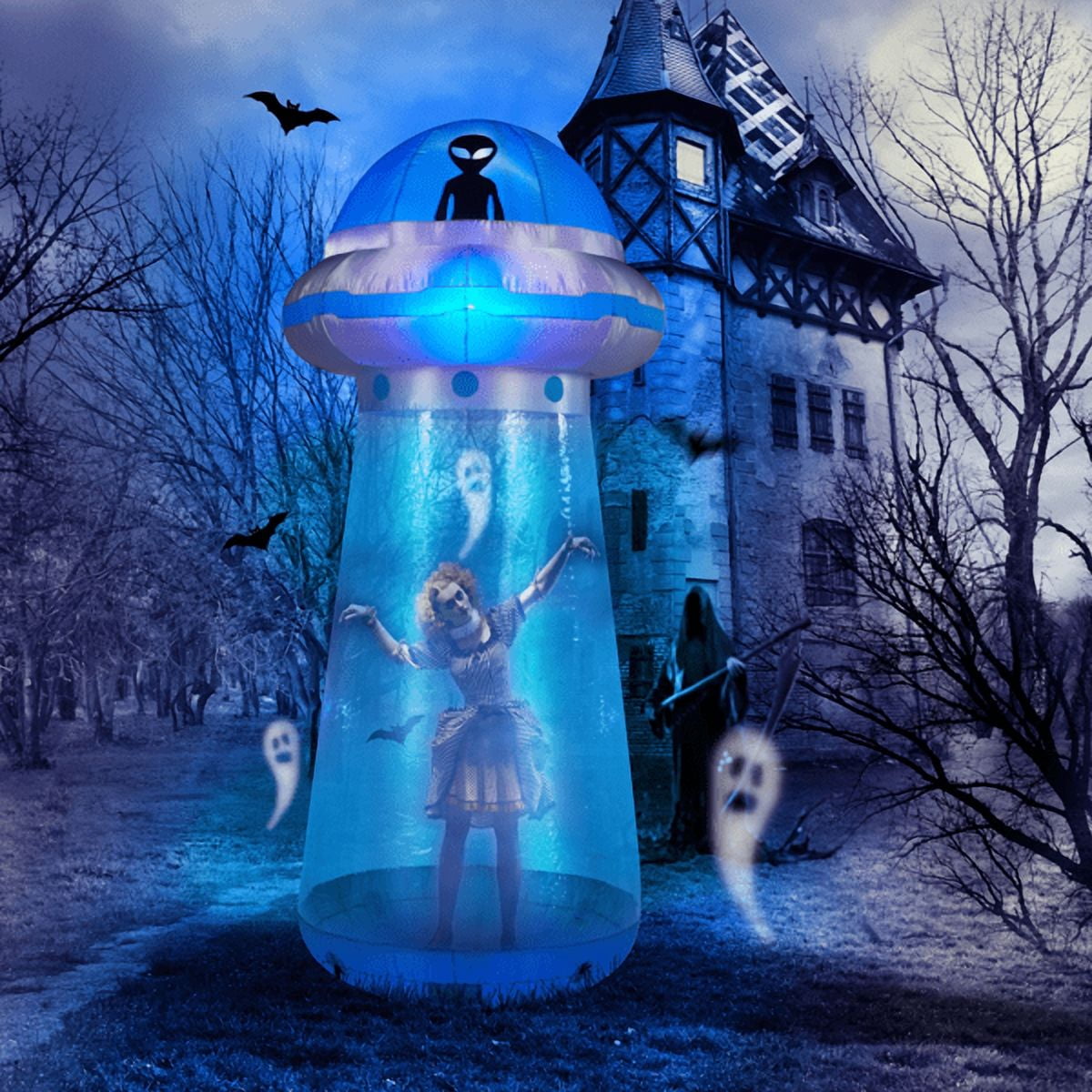 Alvantor 8.8 ft Halloween Inflatable UFO with LED Lights and Stand-Inside Design for Indoor Outdoor Yard Decor, Blue
