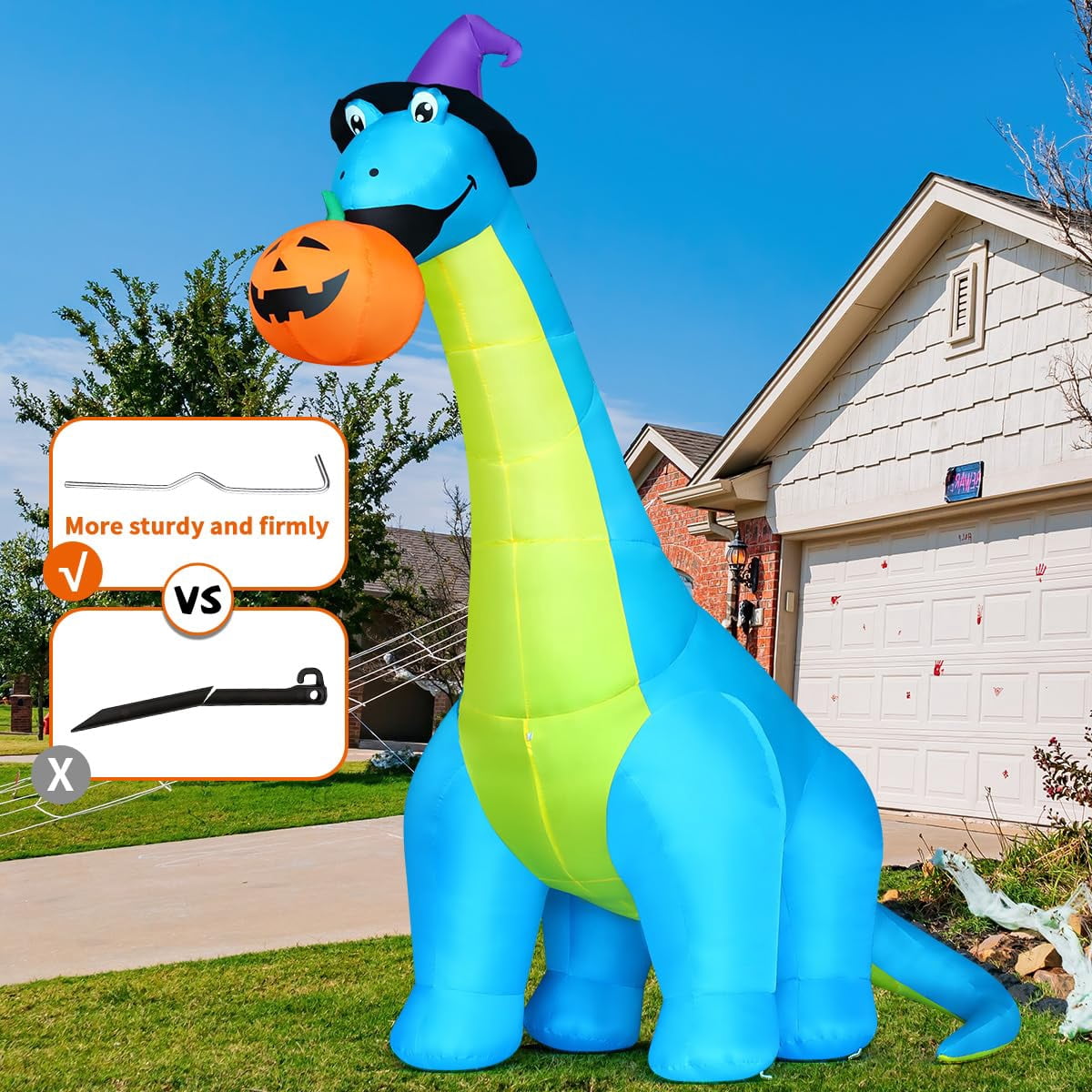 COMIN Halloween Inflatables 10 FT Tall Dinosaurs Eating Pumpkin with Shake Head Blow Up Yard Decoration with Built-in LED for Yard Garden Party Lawn