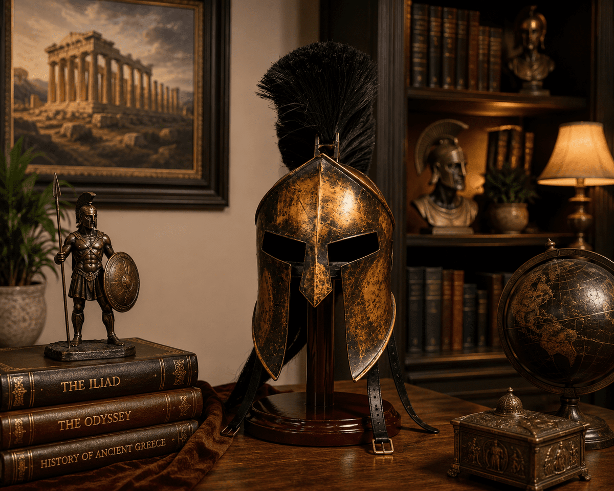THOR INSTRUMENTS 300 Armor King Leonidas Spartan Helmet Replica With Stand Free Halloween Costume Rustic Vintage Home Decor Gifts