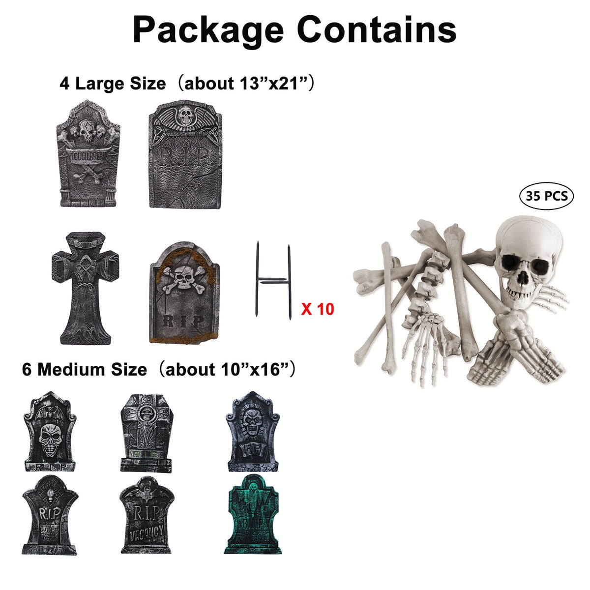 10 Pack Halloween Foam RIP Graveyard Tombstones with 35P Skeleton Bones for Halloween Party Outdoor Decorations