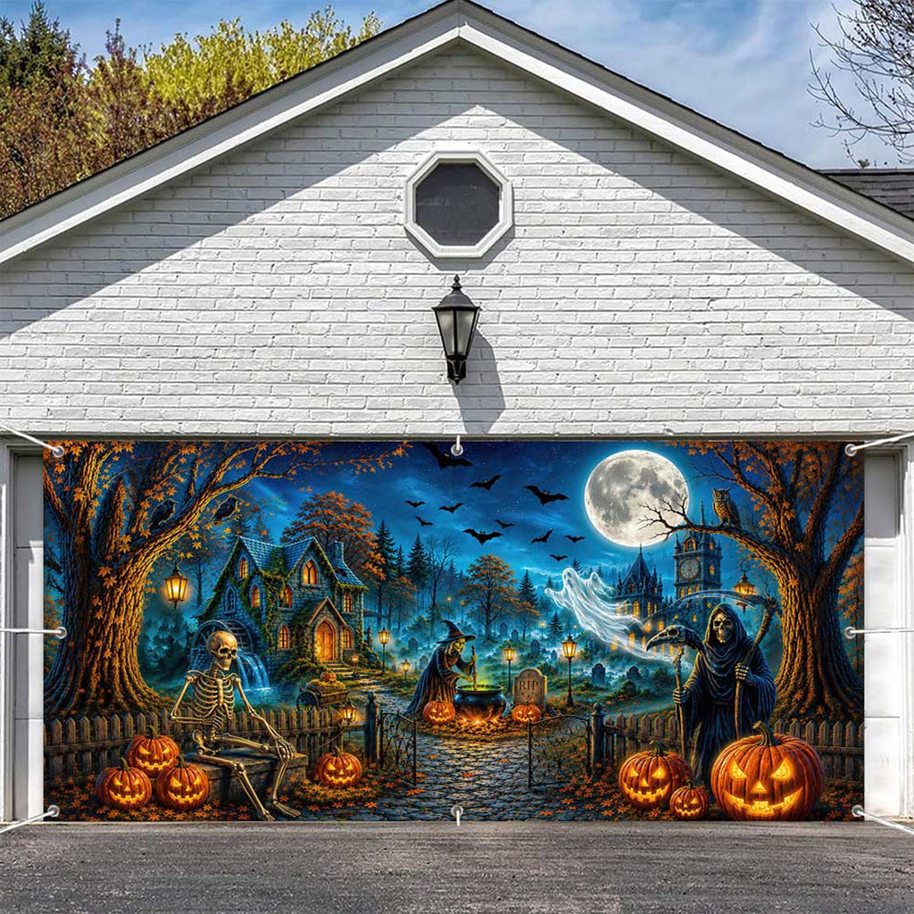 16X7ft Halloween Garage Door Cover Decorations, Spooky Skeletons Pumpkin Large Garage Wall Backdrop Hanging Banner for Halloween Yard Indoor Outdoor Party Decor