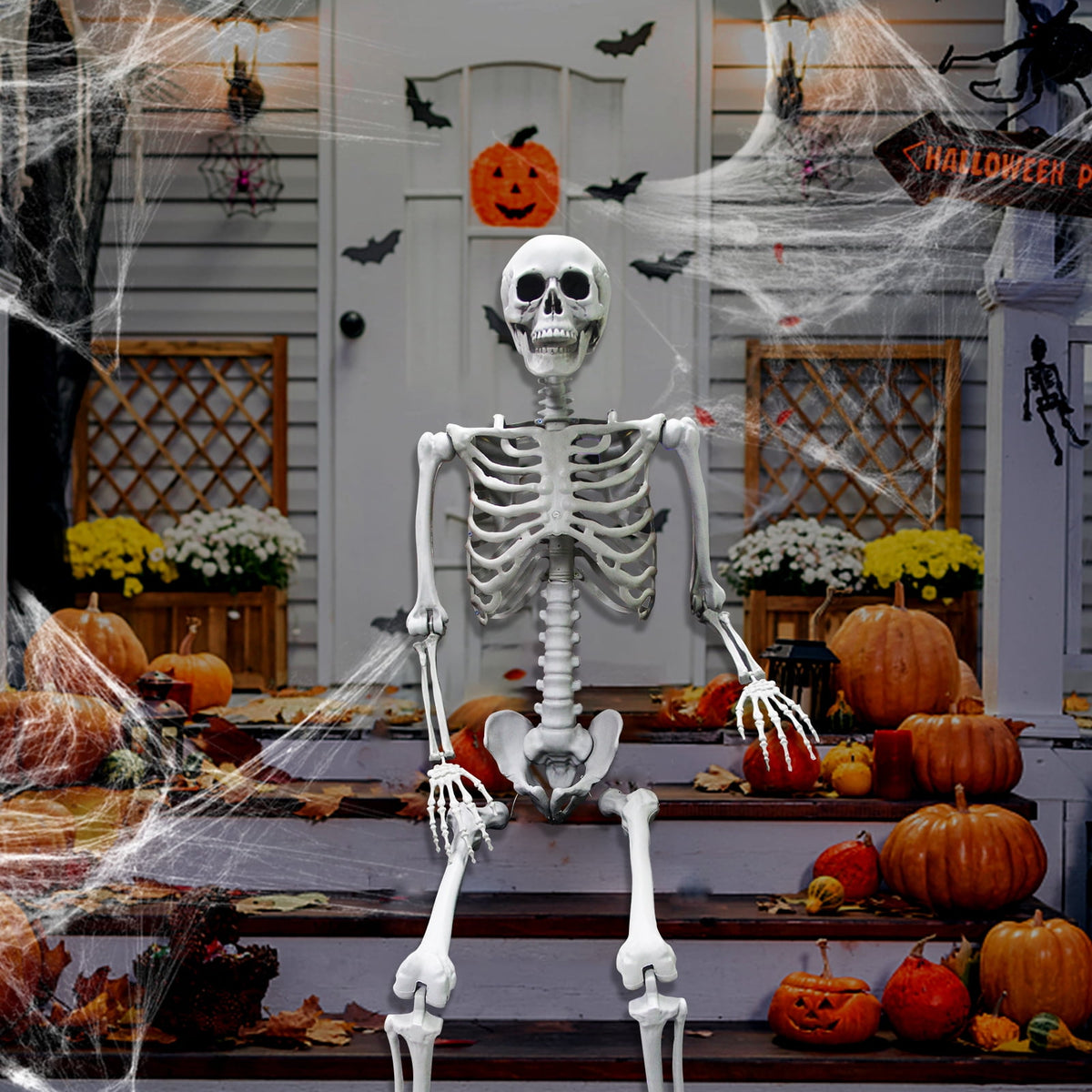OZMI 5' 4" Tall Halloween Skeleton Decoration for Haunted House, 63 Inch Plastic Life Size Skull Skeleton for Halloween Party Haunted House Bar Yard Graveyard Decorations Party Supplies
