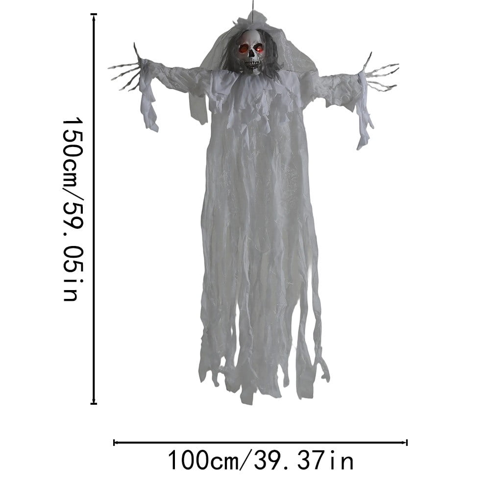 XHKUYI Halloween Hanging Skull Ghost Decoration 59 inches, Sound Activated Hanging Skeleton Ghost with Red Glowing Eyes, Tattered White Gauze Ghost for Yard Tree, Haunted House, Bar & Party Decor