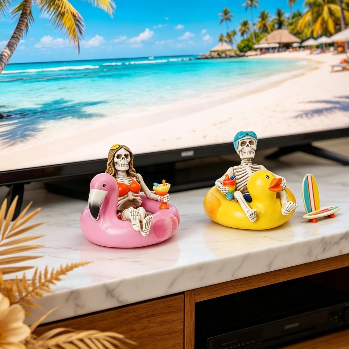 Halloween Skeleton Statue in Bikini Sunglasses for Summer and Spooky Decor