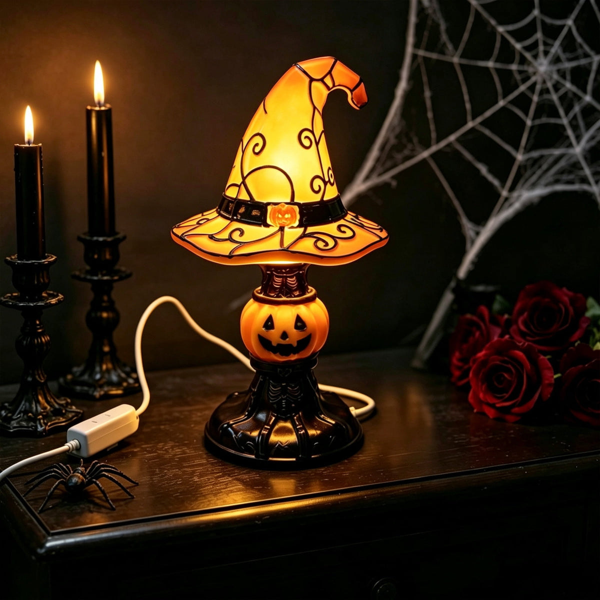 AZXY Halloween Stacked Lighted Pumpkin Figurine, Skeleton Cut‑Out Pumpkin Lamp, Spooky Holiday Floor Ornament, Halloween Yard Party Decoration for Porch Yard Living Room Use