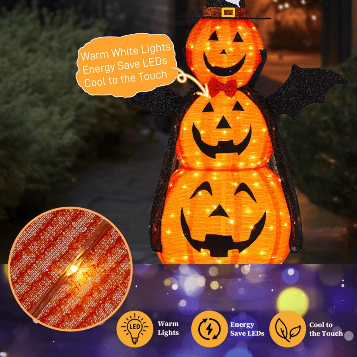 Alvantor 5 ft Lighted 3-Tier Pop-Up Pumpkin Halloween Decoration with Witch Hat, Cape, Bat Wings and 130 Warm White LEDs, Orange
