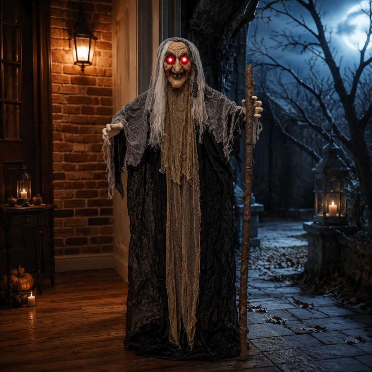 Voglyf Life-Size Scary Poseable Talking Witch 5.6FT, Red LED Glowing Eyes Scary Hag Prop with Wooden Staff, Tattered Gray Cloth Robe Witch for Front Yard Porch Haunted Spooky Party Decor