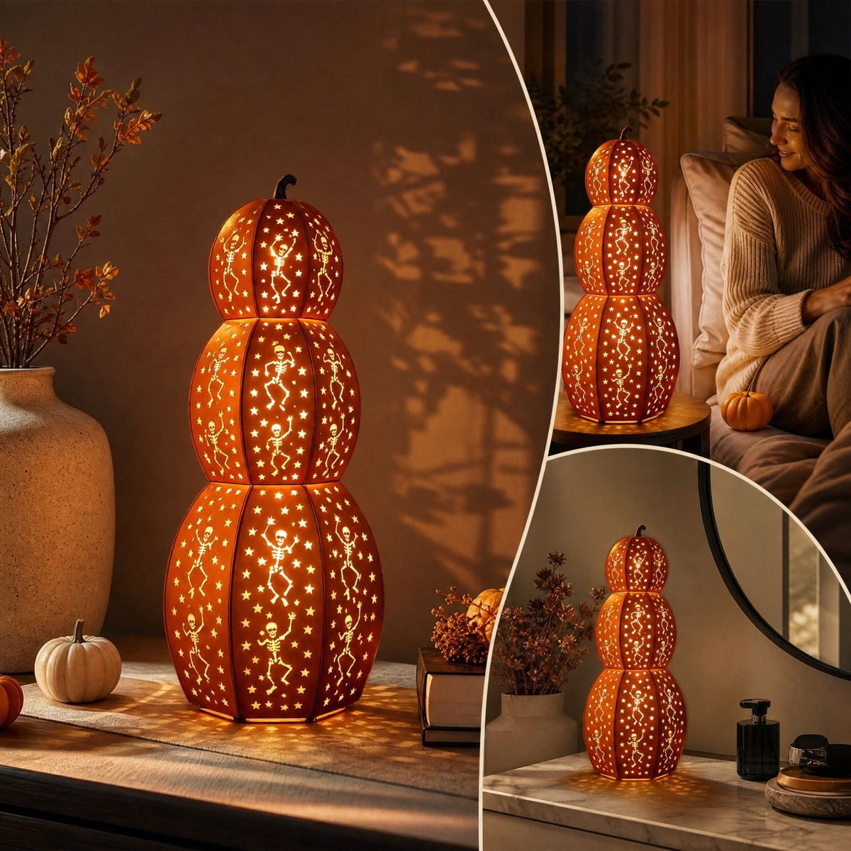 Stacked Orange Pumpkins With Skull Cuts, Light Up Halloween Decor With Dancing Skeleton, Indoor Outdoor Yard & Porch Party Ornament