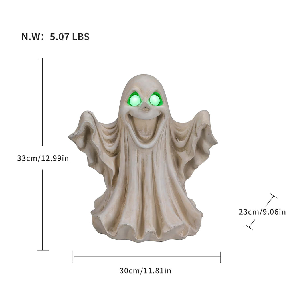 Halloween Ghost Statue with LED Glowing Eyes, Resin Ghost Figurine Tabletop Decor for Indoor Home, Mantel, Shelf, Entryway and Halloween Party Display