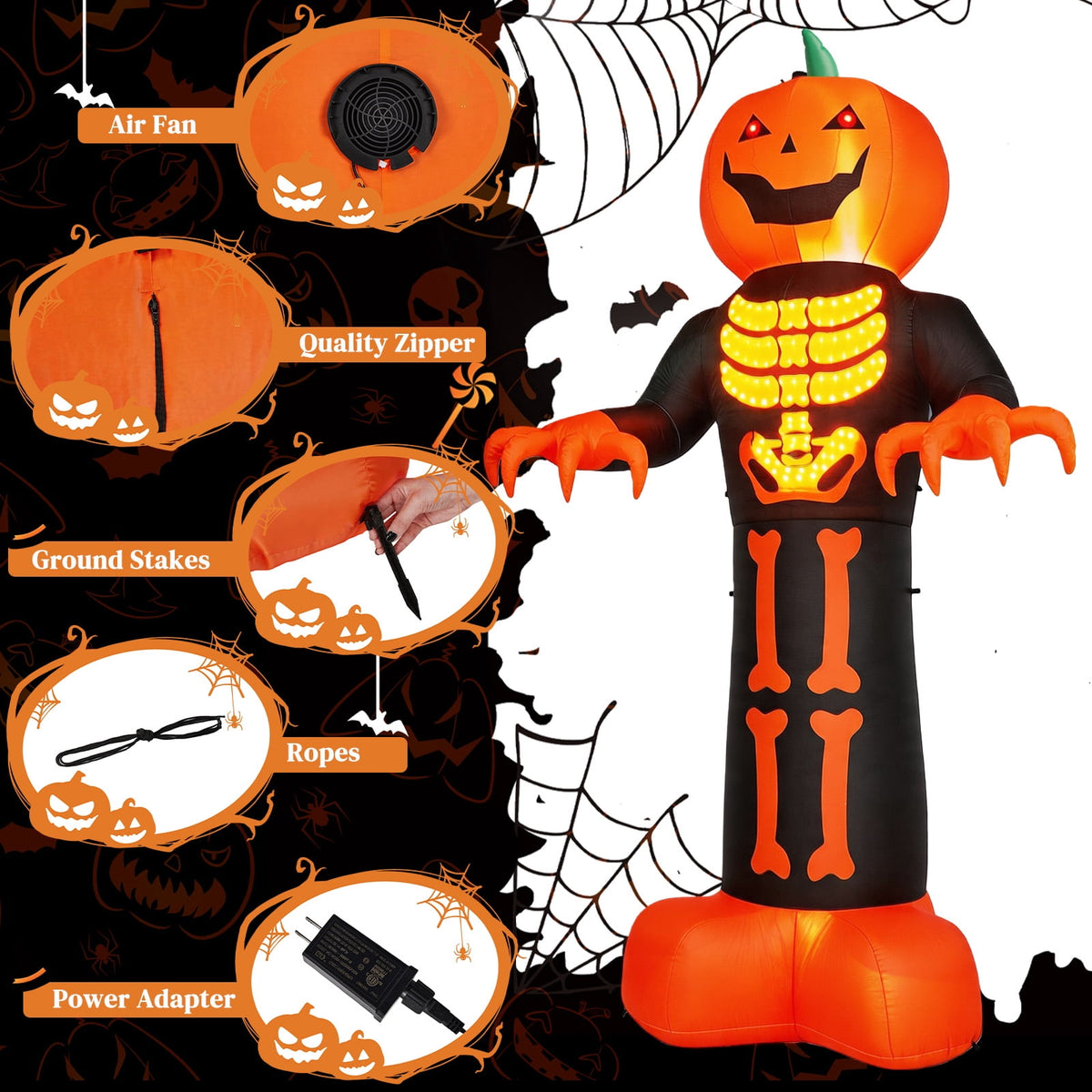 12ft Giant Halloween Inflatable Grim Reaper with Skeleton Ribs and Pumpkin 115 LED Lights