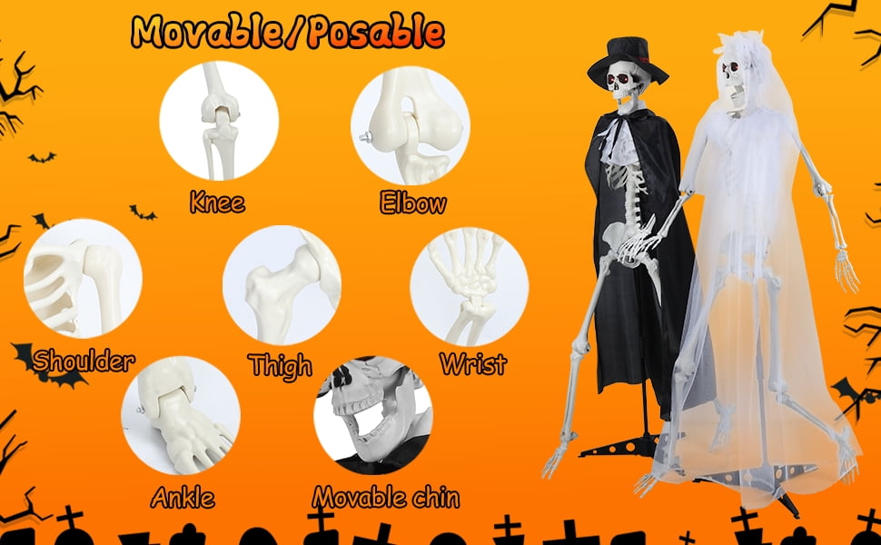 Floseru Halloween Skeleton Bride and Groom, Life Size 65 Inch Couple Set with Sound and Light Effects, Poseable Joints, for Spooky Party Decoration