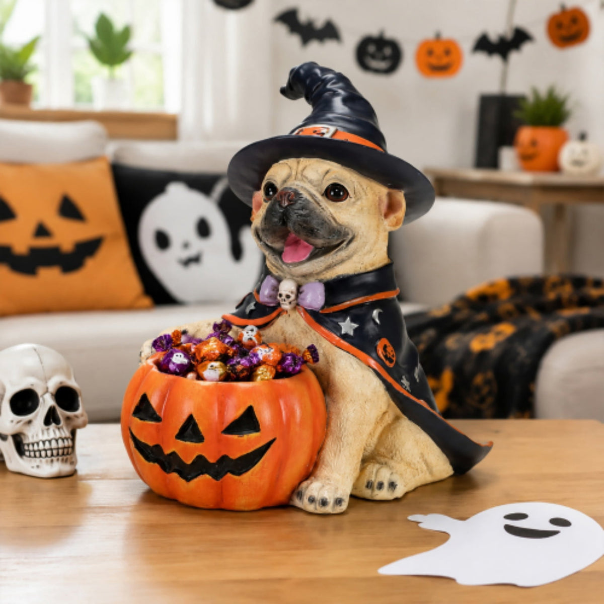 SpookHaven Halloween Jack‑O‑Lantern Pumpkin Mist Sprayer Figurine, LED Light‑Up Fogger with Witch Hat & Skull Decoration, Spooky Ornament for Tabletop Entryway Halloween Party Home Decor